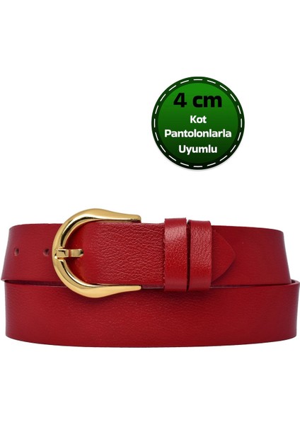 %100 Hakiki Deri, Gold Tokalı Kırmızı Kadın Kot Kemeri 4 Cm=an-Byn-70