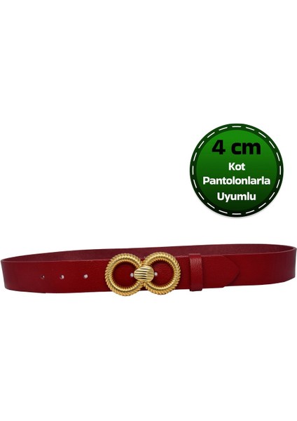 %100 Hakiki Deri, Gold Tokalı 4 cm Kırmızı Kadın Kemeri; Kot, Spor Kemer=an-Byn-78.gold.snsz.yeni