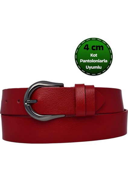 %100 Hakiki Deri, Siyah Nikel Tokalı 4 cm Kırmızı Kadın Kemeri; Kot, Spor Kemer=an-Byn-70.nikel