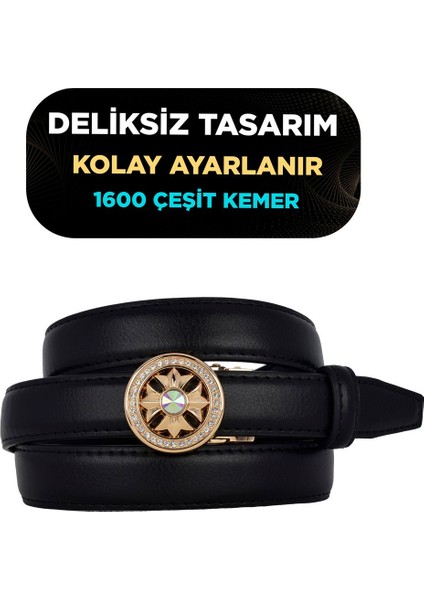 Otomatik Tokalı, Deliksiz Siyah Kadın Kemeri, Pantolon Kemeri, Elbise Kemeri, 2.5 Cm_auto