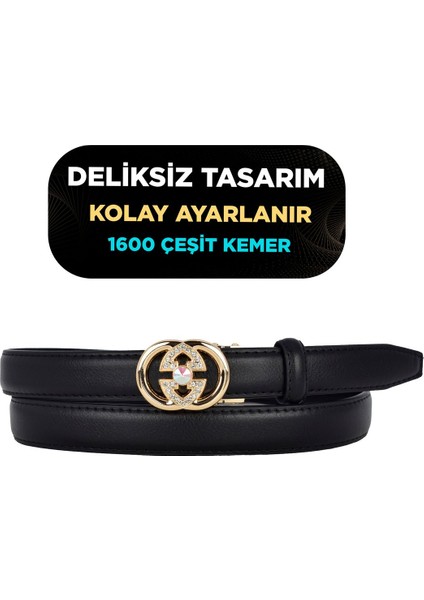 Otomatik Tokalı, Deliksiz Siyah Kadın Kemeri, Pantolon Kemeri, Elbise Kemeri, 2.5 Cm_auto