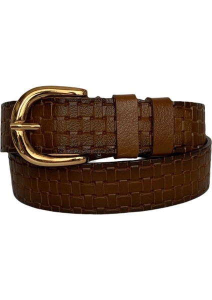 %100 Hakiki Deri, Gold Tokalı Kahverengi Kadın Kot Kemeri 4 Cm=an-Byn-26