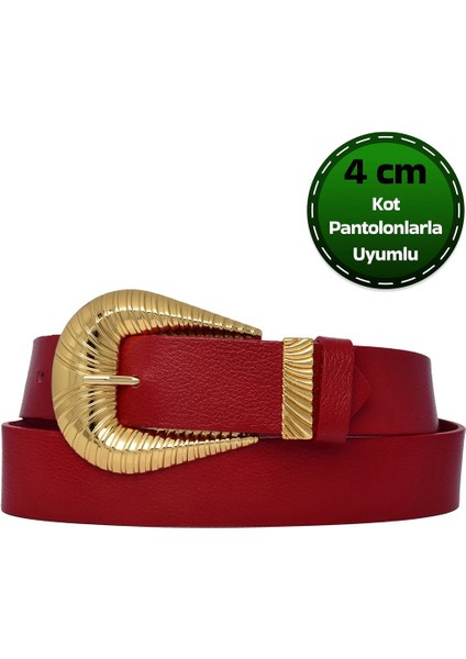 %100 Hakiki Deri, Büyük Gold Tokalı, Metal Köprülü Kırmızı Kadın Kot Kemeri 4 Cm=an-Byn-65