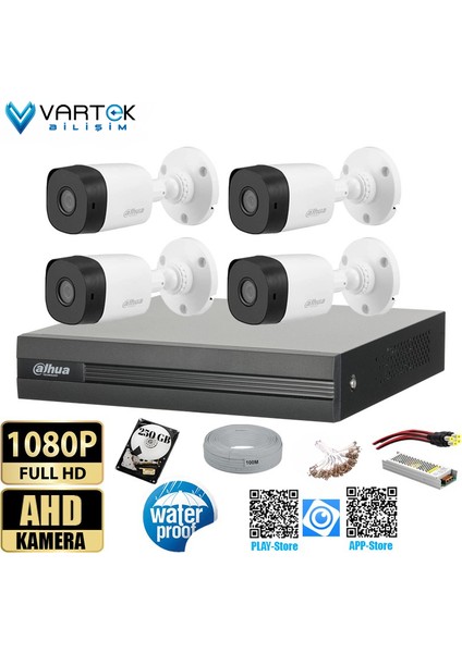 4 Kameralı 2mp Bullet 3.6mm 30M Gece Görüşlü Full Hd Güvenlik Kamera Seti