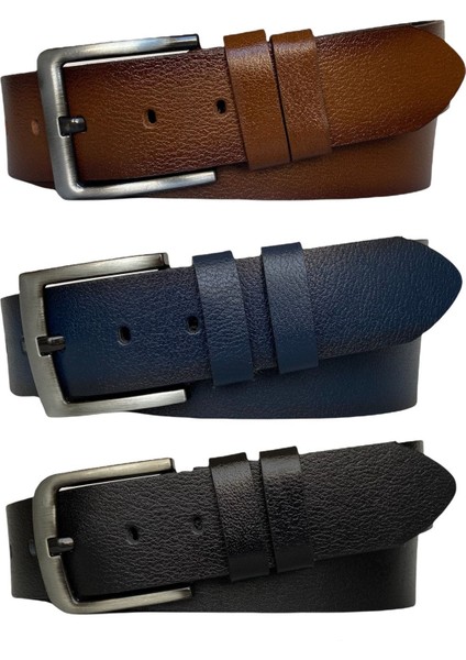 %100 Hakiki Tek Parça Kaliteli Deri 3'lü Set Siyah, Lacivert, Tosado 4.5 cm Kot, Spor Kemer=3lü-Go