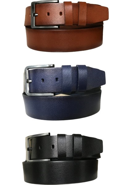 Hakiki Deri 3'lü Set Kot, Spor Kemer 4,5 cm Siyah, Lacivert, Taba=3lü-Hsn-01.03.04