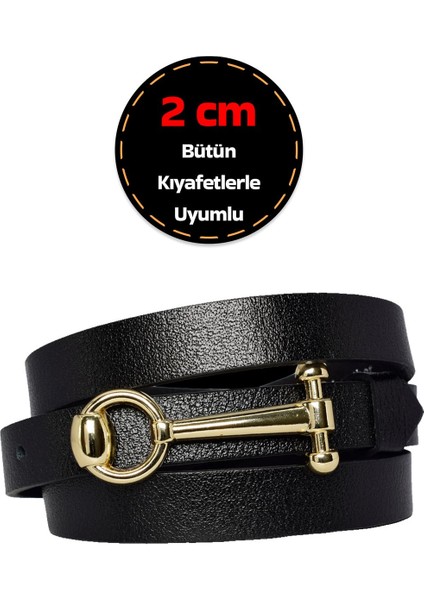 %100 Hakiki Deri, Gold Renk Tokalı Ince 2 cm Siyah Kadın Kemeri; Elbise, Pantolon Kemeri_anhtr