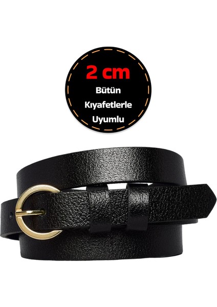 %100 Hakiki Deri, Gold Renk Tokalı Ince 2 cm Siyah Kadın Kemeri; Elbise, Pantolon Kemeri_kilit
