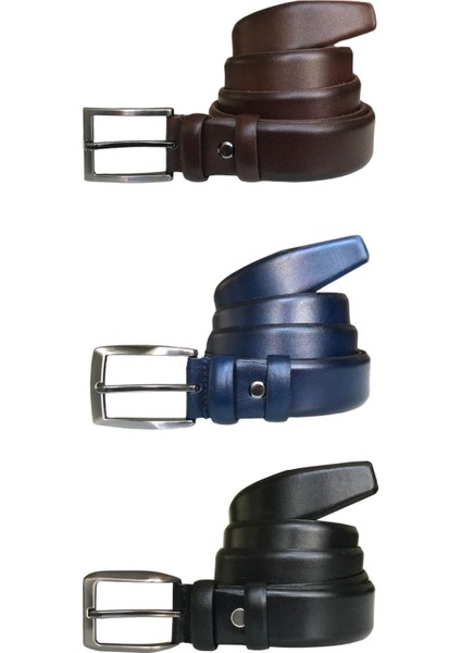 Hakiki Kaliteli Deri 3'lü Set Klasik Kumaş Pantolon Kemeri; Siyah, Lacivert, Kahverengi 3,5 Cm=3kla