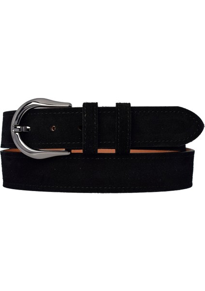 %100 Hakiki Deri, Nikel Renk Tokalı 4 cm Süet Siyah Kadın Kemeri; Kot, Spor Kemer=süet.70.nik.siyah
