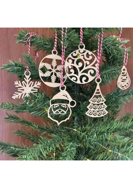 Buffer® 6 Parça Kırmızı Beyaz Ipli Noel Babalı ve Kar Tanesi Model Ahşap Yılbaşı Ağaç Süsü