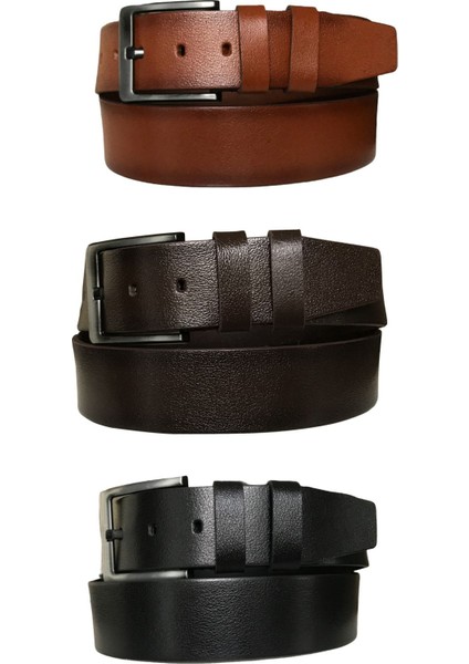 Hakiki Deri 3'lü Set Kot, Spor Kemer 4,5 cm Siyah, Kahverengi, Taba=3lü-Hsn-01.02.04