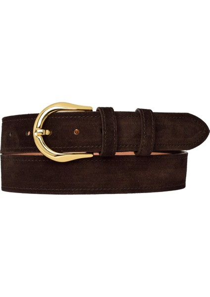 %100 Hakiki Deri, Gold Tokalı 4 cm Süet Koyu Kahverengi Kadın Kemeri; Kot, Spor Kemer=süet.70.koka
