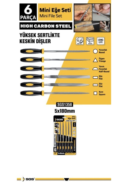 6 Parça Mini Eğe Seti 5X180 mm | Yüksek Karbon Çelik, Dayanıklı ve Ergonomik