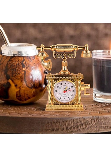 Vintage Telefon Masa Saati Nostaljik Dekoratif Çalar Masa Saat Pilli Gold ve Gümüş Renkleriyle modelleri