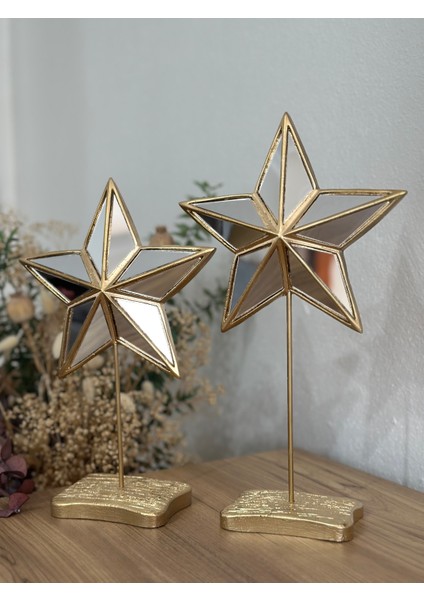 2'li Şık Dekoratif Aynalı Yıldız Gold Renk Dekor Obje Dekorasyon Mermerit Malzeme