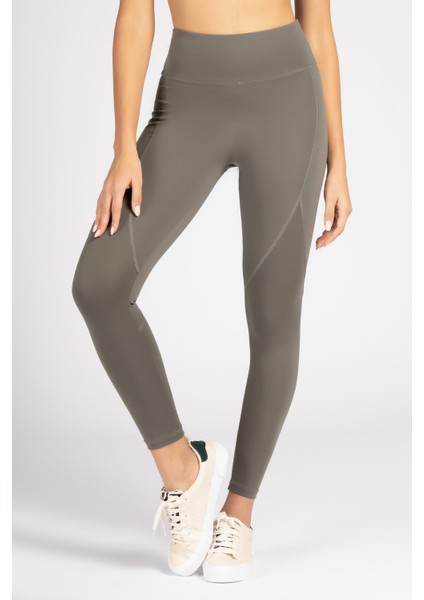 Haki Yüksek Bel Arka Cepli Toprlayıcı Kadın Spor Taytı modelleri