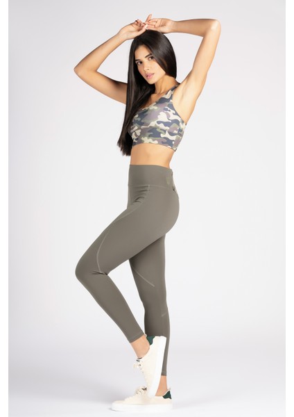 Haki Yüksek Bel Arka Cepli Toprlayıcı Kadın Spor Taytı fırsatları