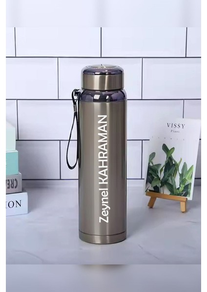 1 Litre Paslanmaz Çelik Isim Baskılı Termos 12 Saat Sıcak Soğuk Tutma Dayanıklı Yapı