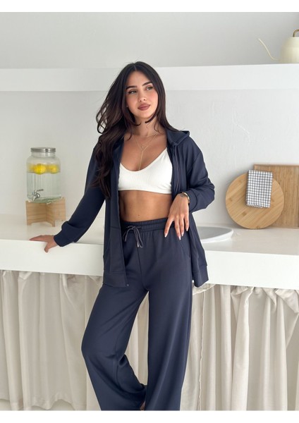 Kapüşonlu Fermuarlı Geniş Paça Modal Kumaş Eşofman Takım