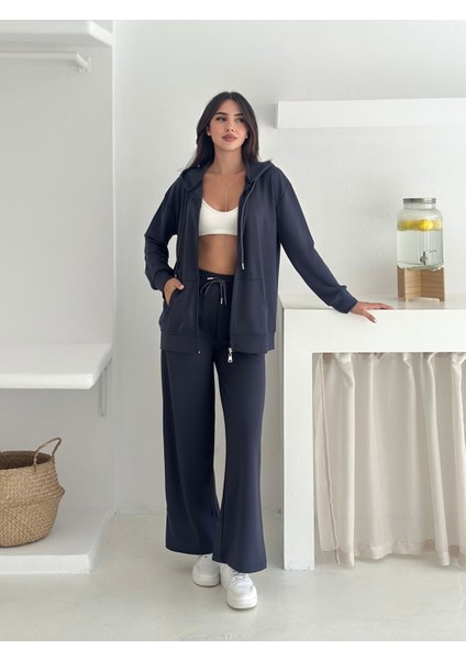 Kapüşonlu Fermuarlı Geniş Paça Modal Kumaş Eşofman Takım