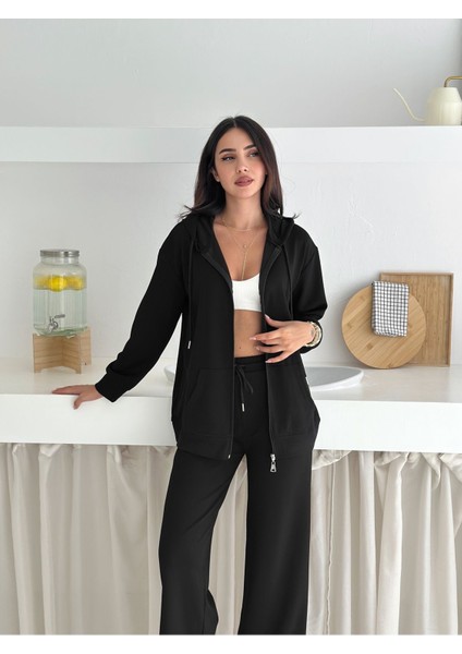 Kapüşonlu Fermuarlı Geniş Paça Modal Kumaş Eşofman Takım