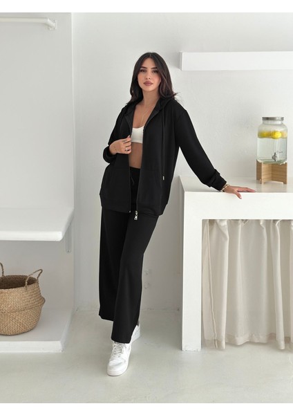 Kapüşonlu Fermuarlı Geniş Paça Modal Kumaş Eşofman Takım