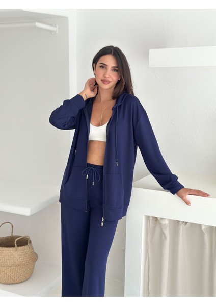 Kapüşonlu Fermuarlı Geniş Paça Modal Kumaş Eşofman Takım