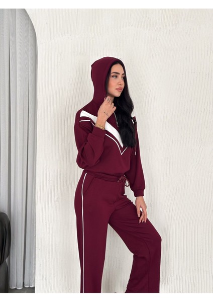 Garnili Biyeli Kapüşonlu Fermuarlı Stoperli Geniş Paça Modal Eşofman Takım