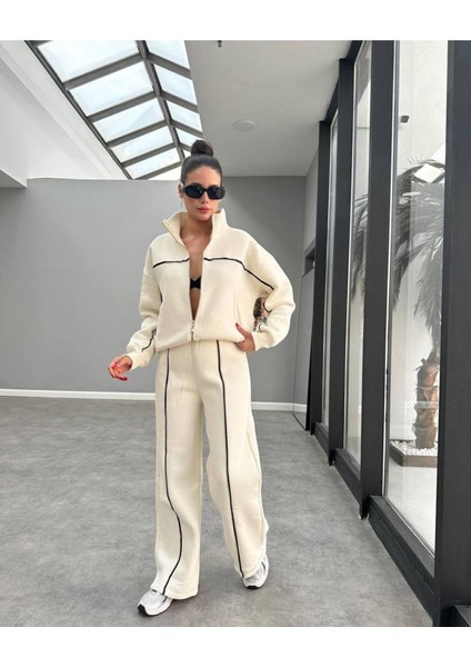 3 Iplik Şardonlu Oversize Fermuarlı Spor Eşofman Takım Bej