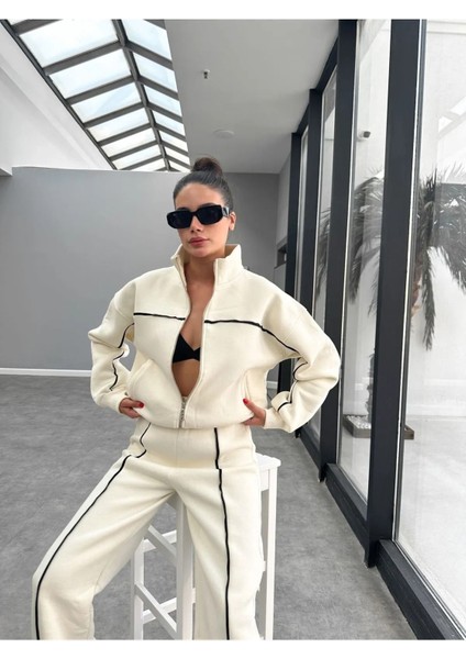 3 Iplik Şardonlu Oversize Fermuarlı Spor Eşofman Takım Bej fiyatları