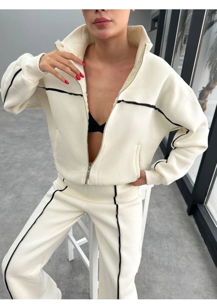 3 Iplik Şardonlu Oversize Fermuarlı Spor Eşofman Takım Bej modelleri