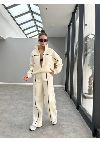 3 Iplik Şardonlu Oversize Fermuarlı Spor Eşofman Takım Bej fırsatları