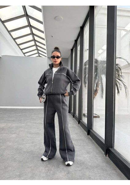 Biyeli Geniş Paça 3 Iplik Şardonlu Oversize Fermuarlı Eşofman Takım