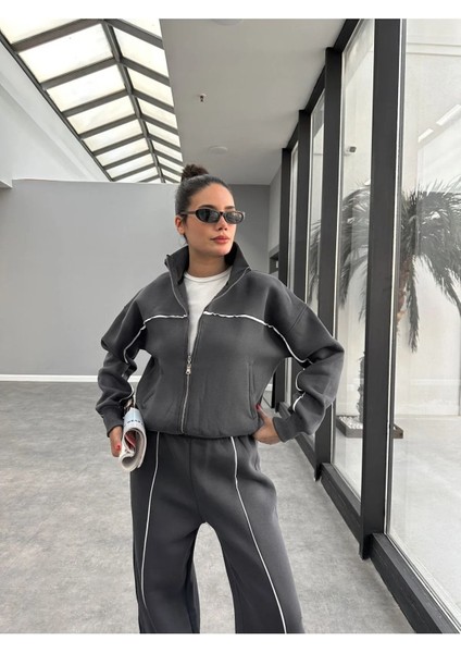 Biyeli Geniş Paça 3 Iplik Şardonlu Oversize Fermuarlı Eşofman Takım fiyatları