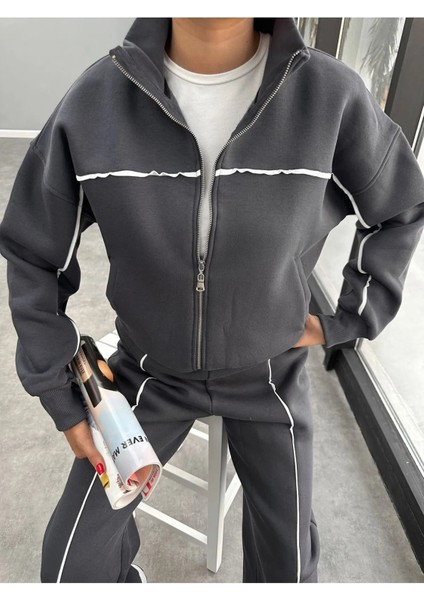 Biyeli Geniş Paça 3 Iplik Şardonlu Oversize Fermuarlı Eşofman Takım modelleri
