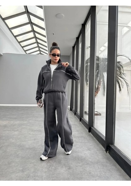 Biyeli Geniş Paça 3 Iplik Şardonlu Oversize Fermuarlı Eşofman Takım fırsatları