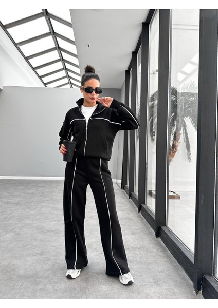 Biyeli Geniş Paça 3 Iplik Şardonlu Oversize Fermuarlı Eşofman Takım