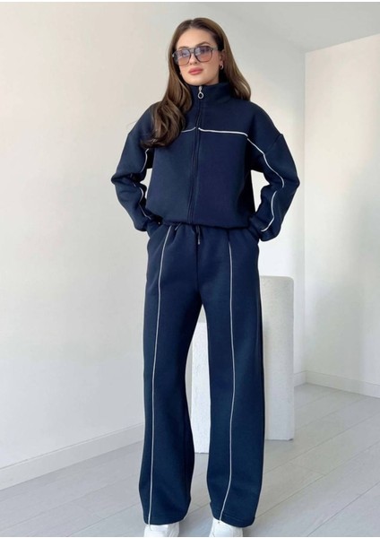 Biyeli Geniş Paça 3 Iplik Şardonlu Oversize Fermuarlı Eşofman Takım