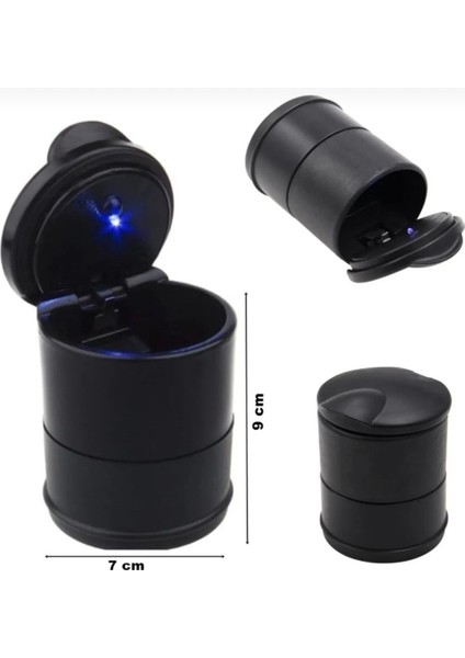 Araç Bardaklık Uyumlu LED Işıklı Küllük Koku Saklayan Kapaklı Kül Tablası Sert Yanmaz Plastik Model