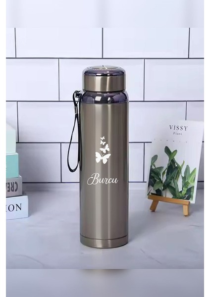 1 Litre Paslanmaz Çelik Kelebek Baskılı Termos 12 Saat Sıcak Soğuk Tutma Dayanıklı Yapı