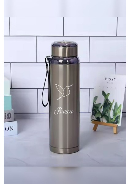 1 Litre Paslanmaz Çelik Kuş Baskılı Termos 12 Saat Sıcak Soğuk Tutma Dayanıklı Yapı