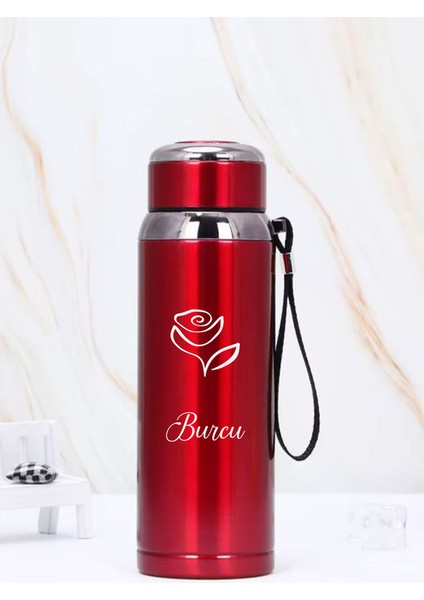 1 Litre Paslanmaz Çelik Gül Baskılı Termos 12 Saat Sıcak Soğuk Tutma Dayanıklı Yapı