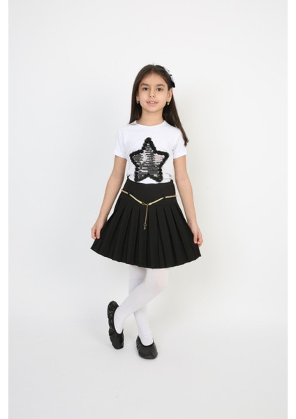 Kız Çocuk Takım Pileli Etek Yıldız Badi Siyah Bayramlık 23 Nisan Gösteri Kıyafeti