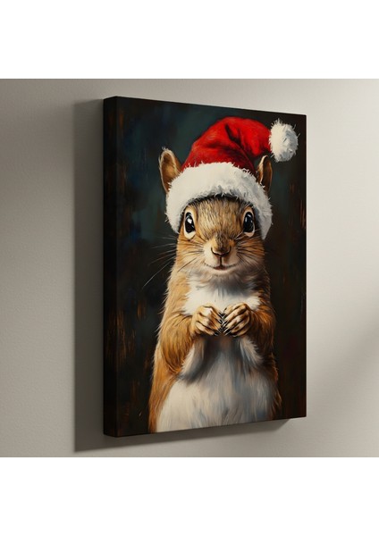 Noel Baba Şapkalı Sincap Yağlıboya Tablosu