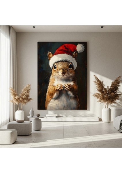 Noel Baba Şapkalı Sincap Yağlıboya Tablosu fırsatları