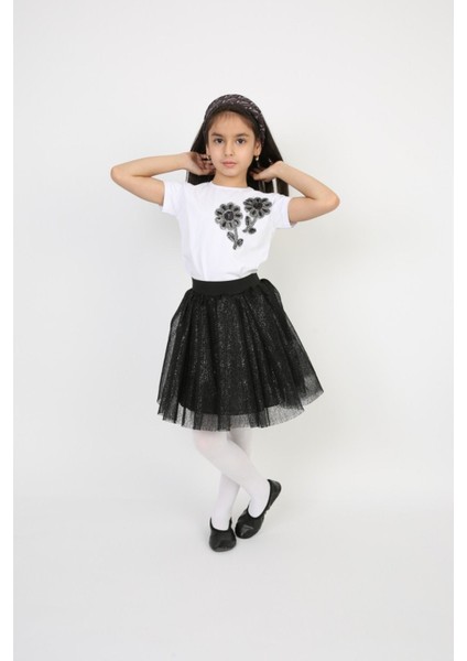 Kız Çocuk Takım Simli Etek Siyah Çicekli Badi 23 Nisan Gösteri Kıyafeti Tütü Etek