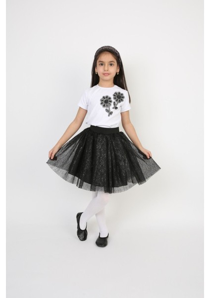 Kız Çocuk Takım Simli Etek Siyah Çicekli Badi 23 Nisan Gösteri Kıyafeti Tütü Etek fiyatları