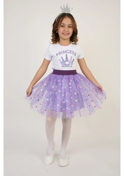 Kız Çocuk Takım Taç Desenli Badi Lila Varak Baskı Etek Bluz