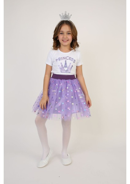 Kız Çocuk Takım Taç Desenli Badi Lila Varak Baskı Etek Bluz fiyatları
